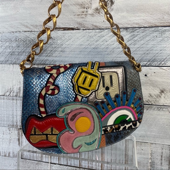 Mark Jacobs Blue Leather Snakeskin flap bag pop art lips straw vacuum eye plug - Picture 2 of 9